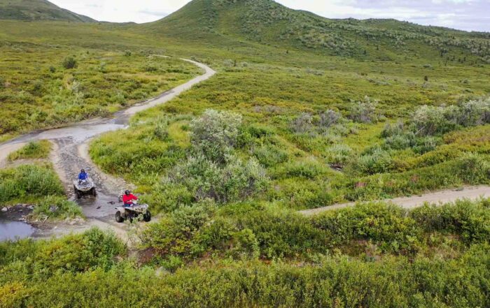 Outdoor enthusiasts on an Alaskan ATV tour, pausing in a scenic field